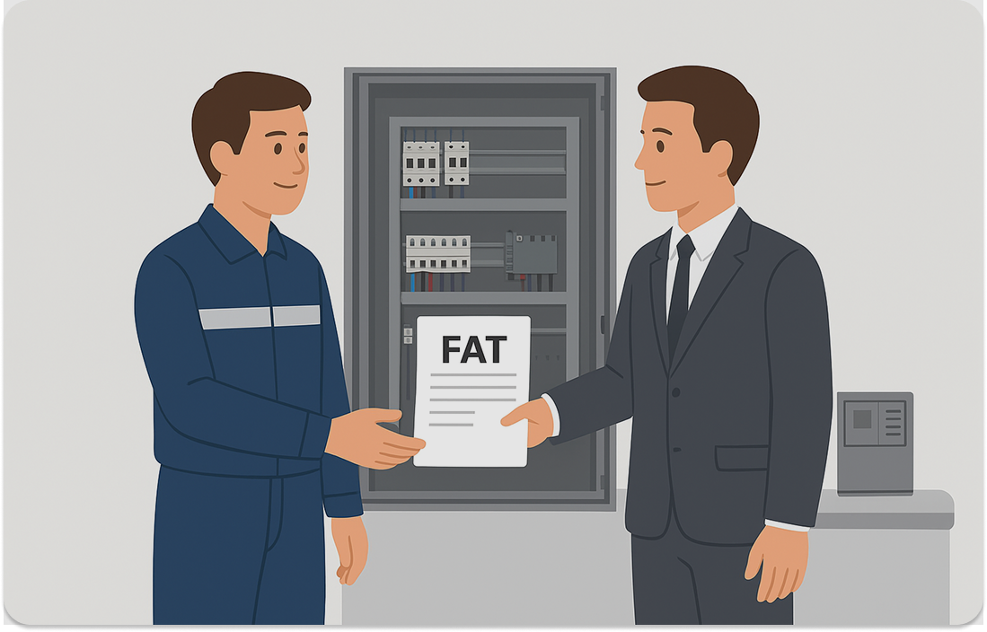 Engineer and client performing FAT on control cabinet